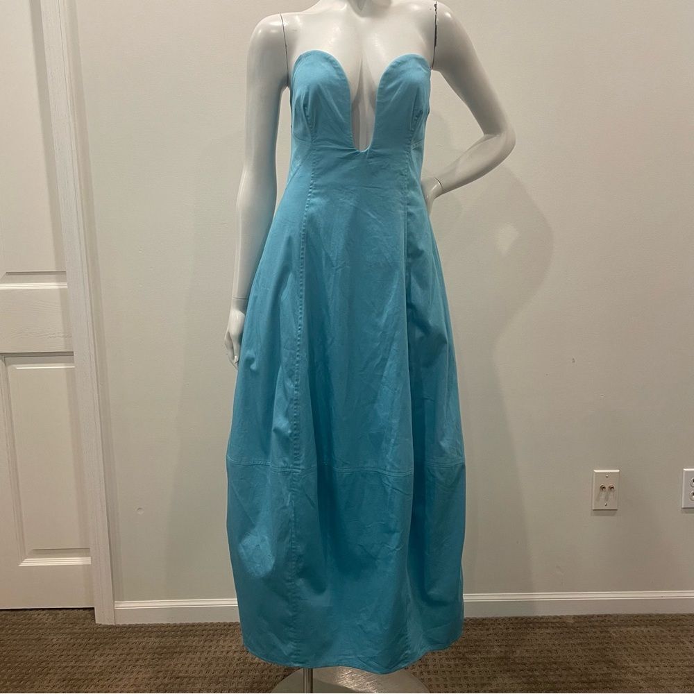 NWT CULT GAIA Chiara Sleeveless Blue Cotton-Blend Plunge Bubble Skirt Midi Dress - Picture 3 of 15